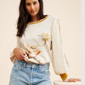 Anthropologie Blnk London Cream Floral Eyelet  Balloon Sleeve Knit Top Size 1X